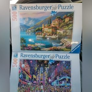 2 Ravensburger 500 pc  puzzles.  New Years Times Square & Bella Villa Vista